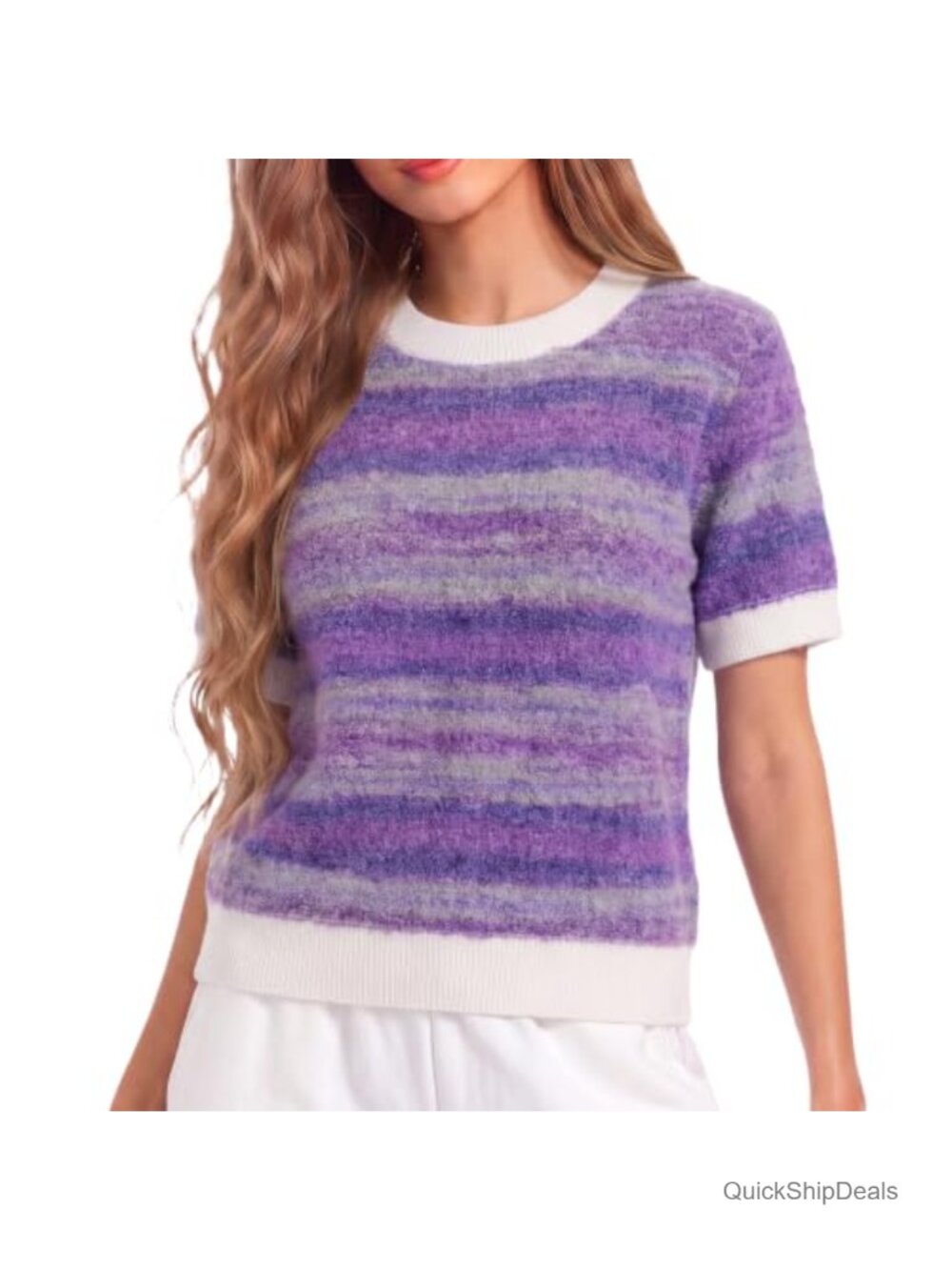 Winnim Short Sleeve Crew Neck Sweater Women Knit Pullover